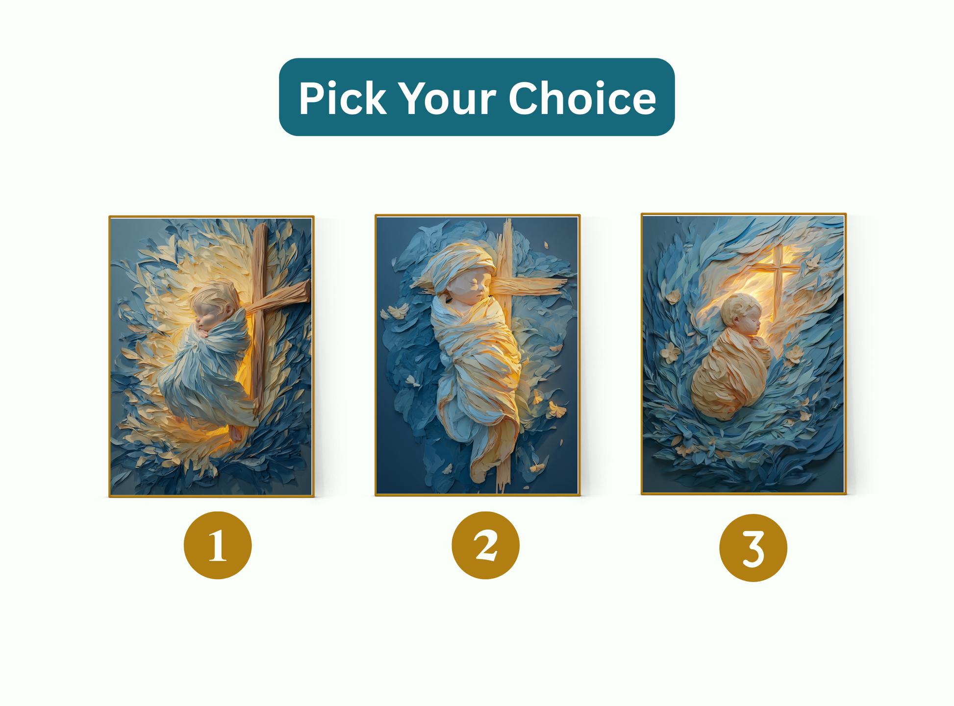 Set of 4 personalized baptism wall art prints with baby portraits, crosses, and prayer keepsakes.