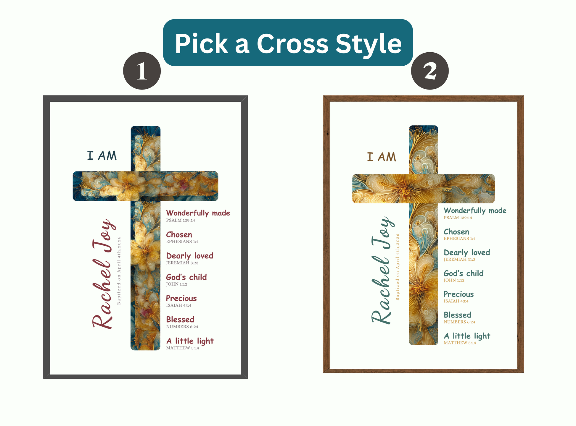 Set of 4 personalized baptism wall art prints with baby portraits, crosses, and prayer keepsakes.