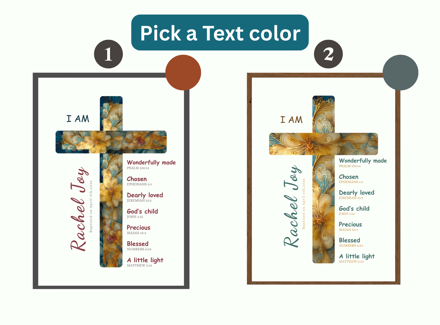 Set of 4 personalized baptism wall art prints with baby portraits, crosses, and prayer keepsakes.