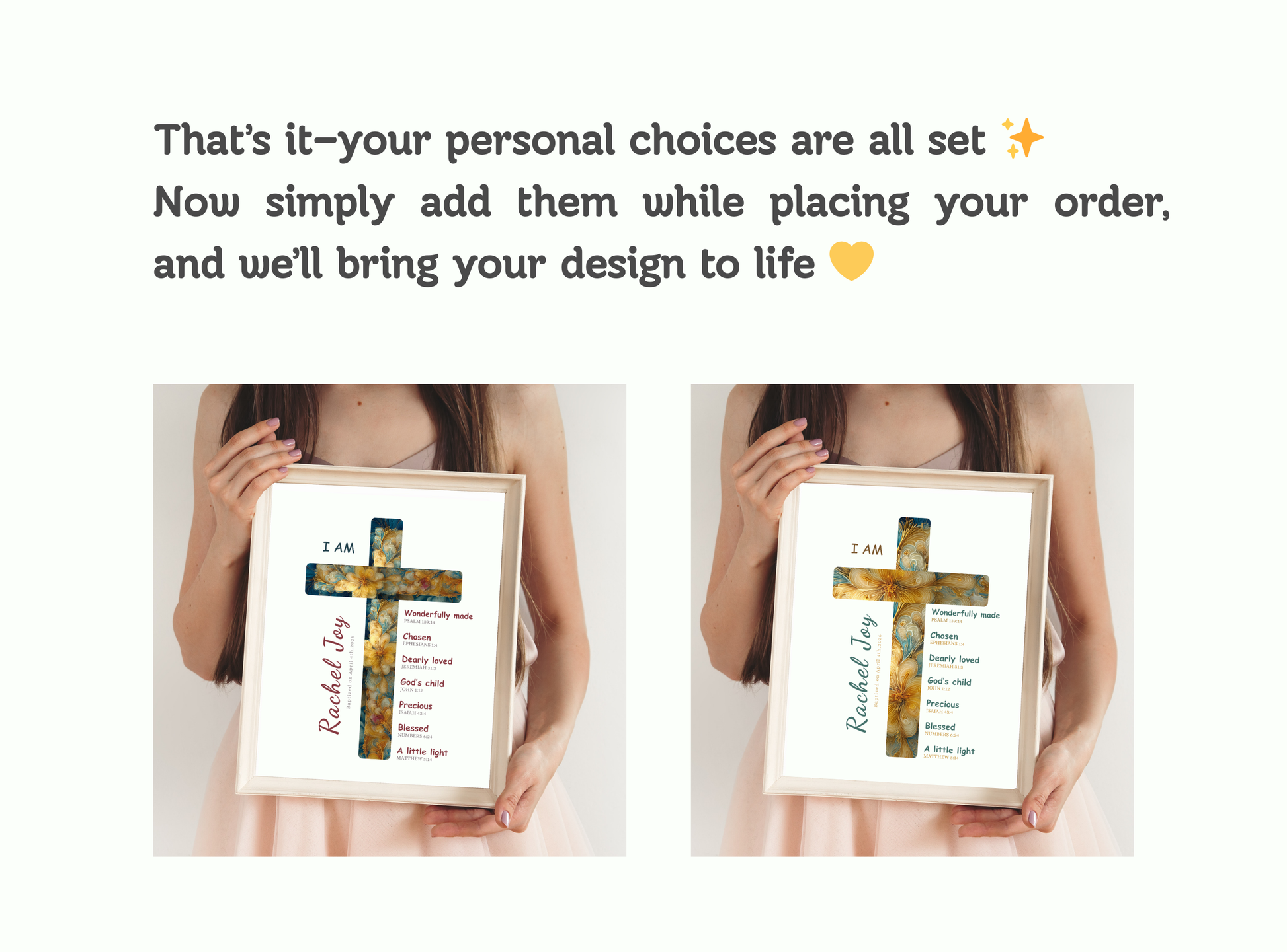 Set of 4 personalized baptism wall art prints with baby portraits, crosses, and prayer keepsakes.