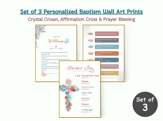 Set of 3 personalized baptism wall art prints with names and messages.