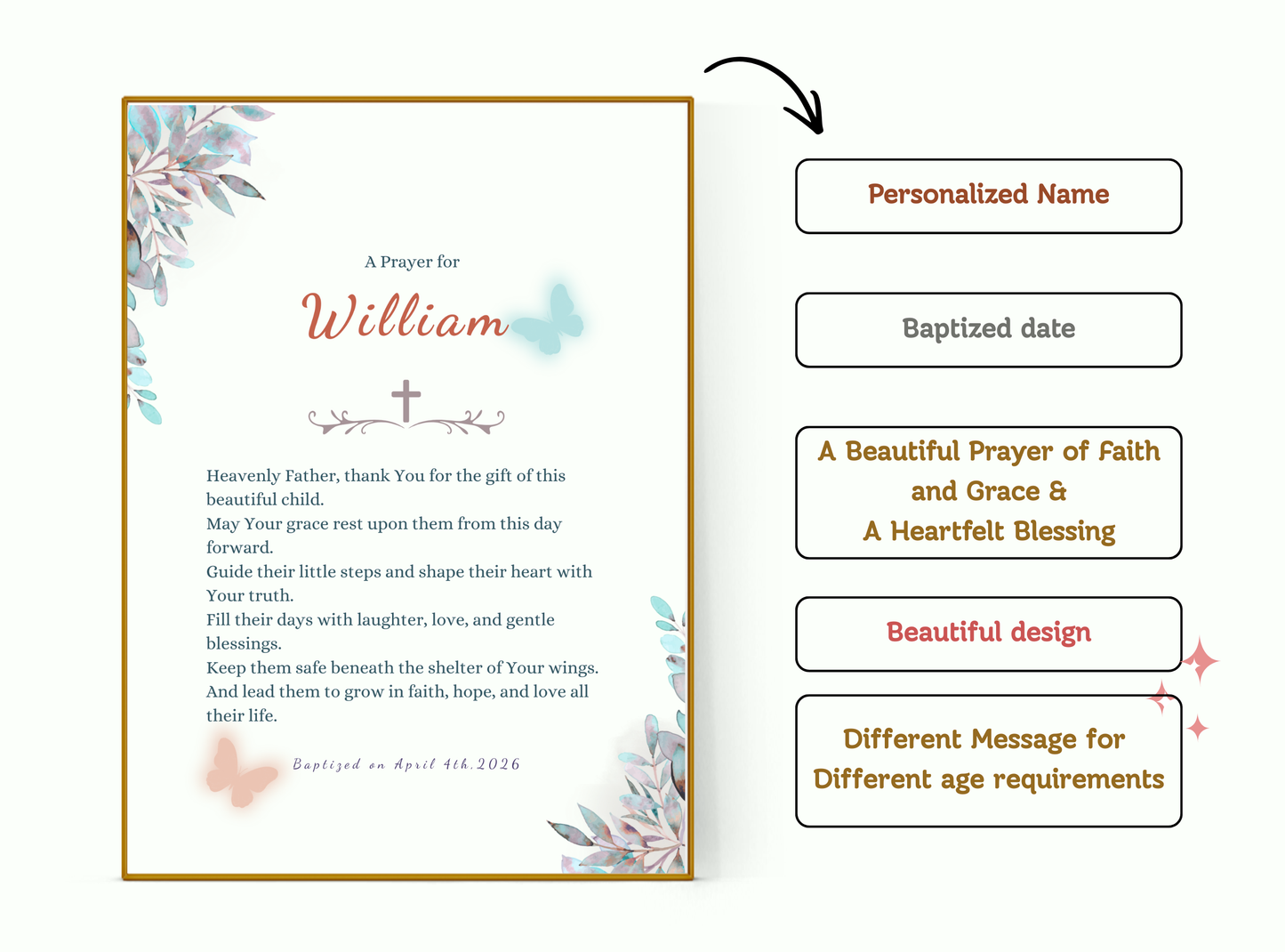 Set of 3 personalized baptism wall art prints with names and messages.