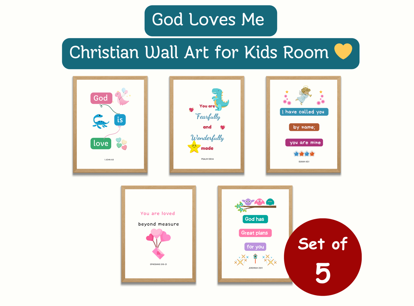 God Loves Me | Christian Wall Art for Kids Room | Set of 5