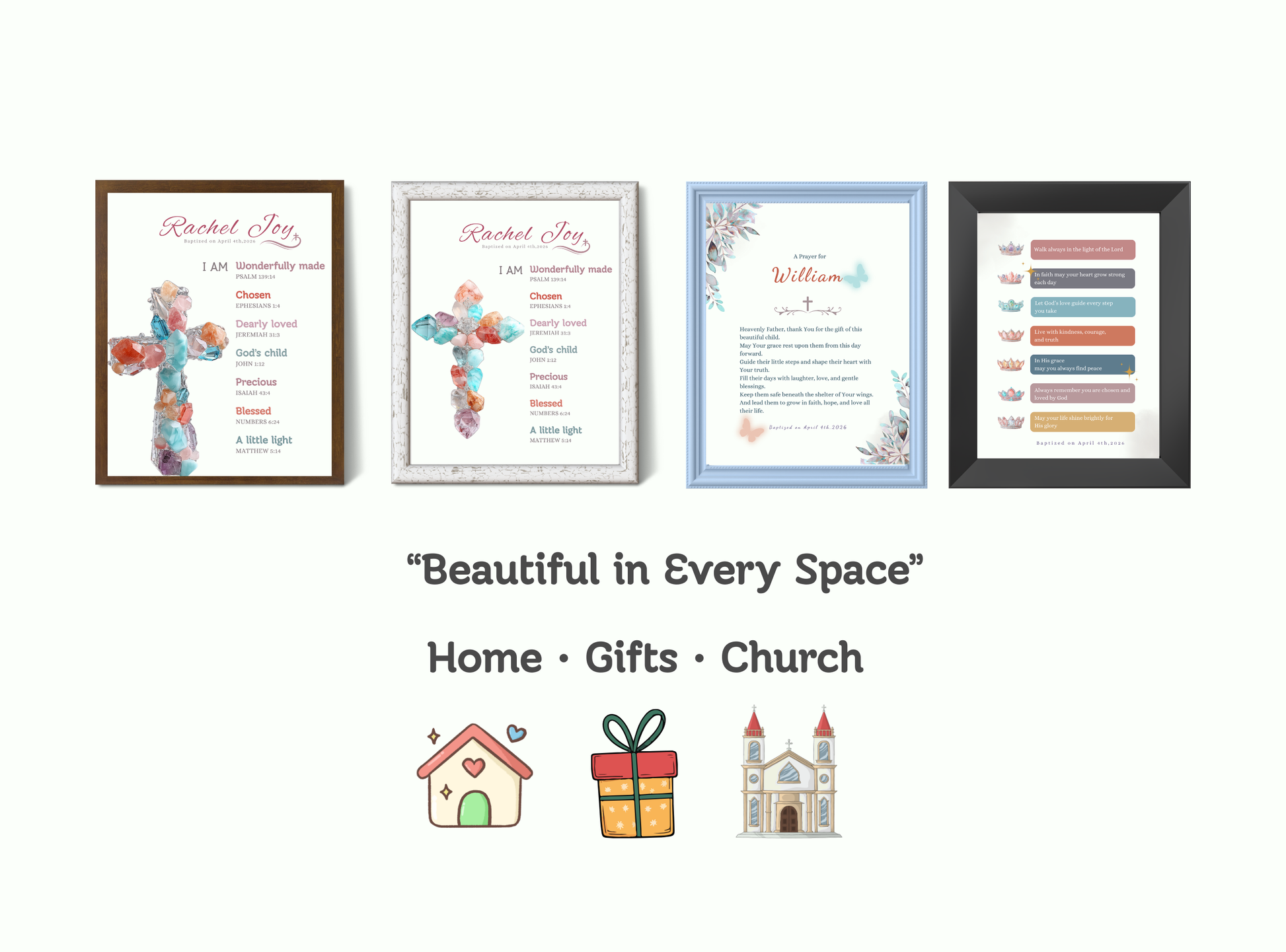 Set of 3 personalized baptism wall art prints with names and messages.