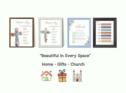 Set of 3 personalized baptism wall art prints with names and messages.