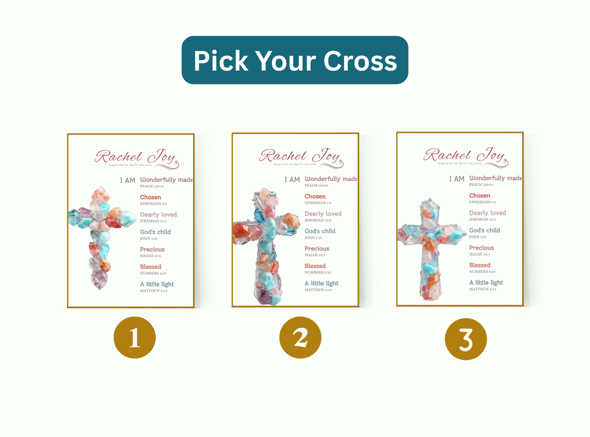 Set of 3 personalized baptism wall art prints with names and messages.